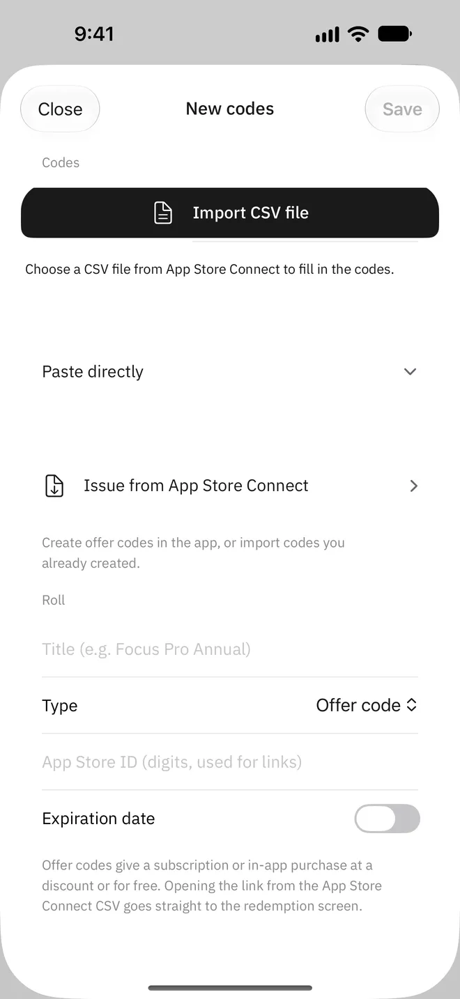 Der Bildschirm „New codes“ zum Hinzufügen von Codes, untereinander „Import CSV file“, „Paste directly“ und „Issue from App Store Connect“.