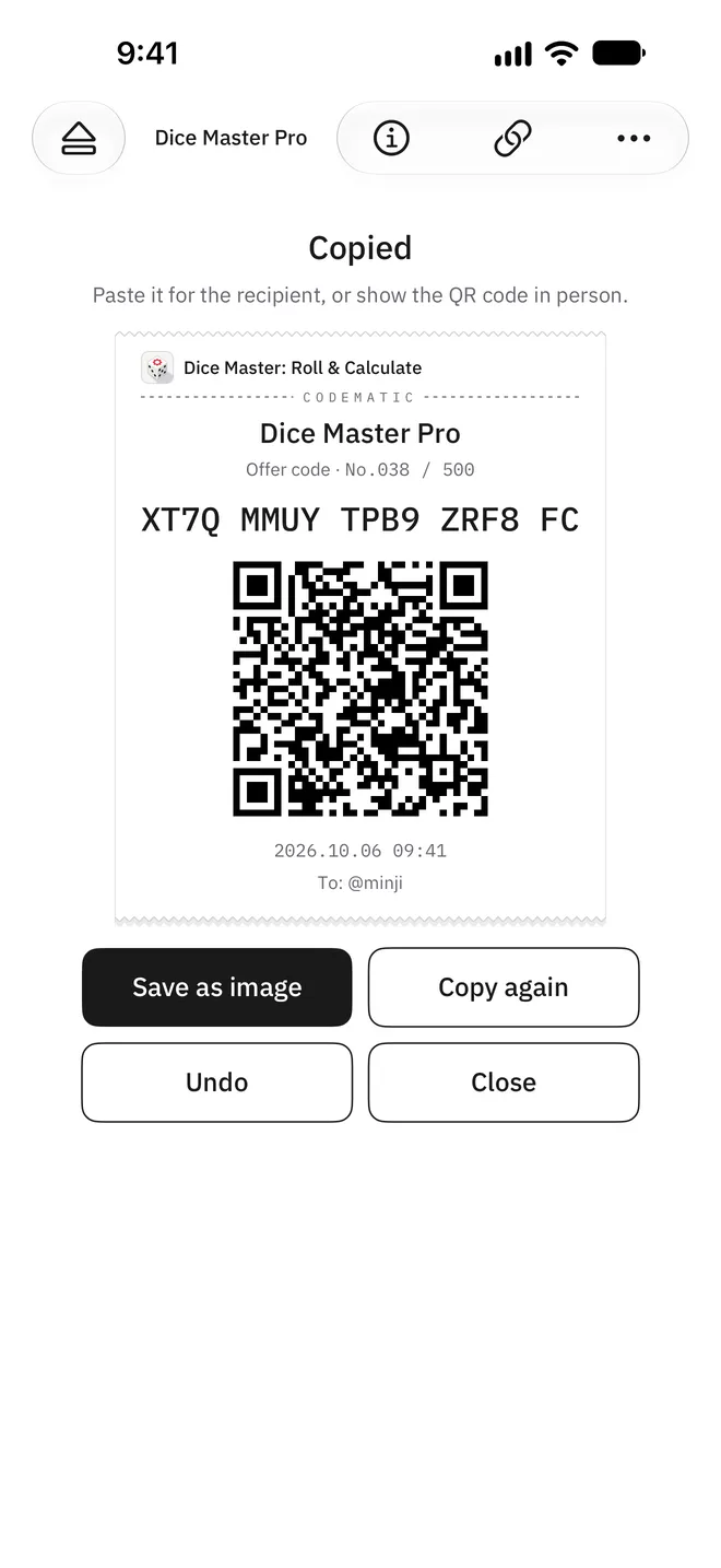 Die Karte nach dem Weitergeben eines Codes mit App-Name, Name des Stapels, Code, QR-Code, Zeitpunkt und Empfänger.
