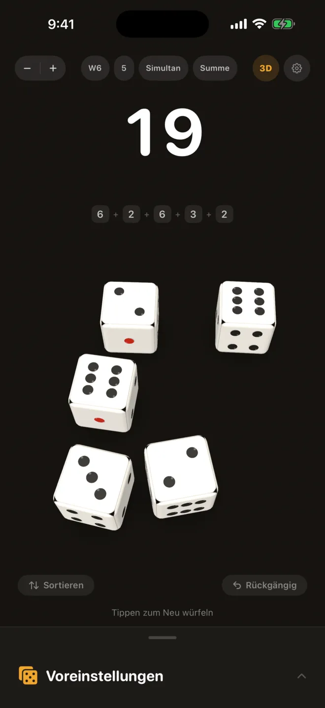 Dice Master nach einem Wurf mit fünf sechsseitigen Würfeln in 3D. Über den Würfeln stehen das Ergebnis und die Augen, aus denen es entstand.