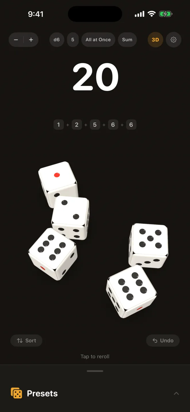 Dice Master after rolling five 6-sided dice in 3D. The total and the values behind it sit above the dice.
