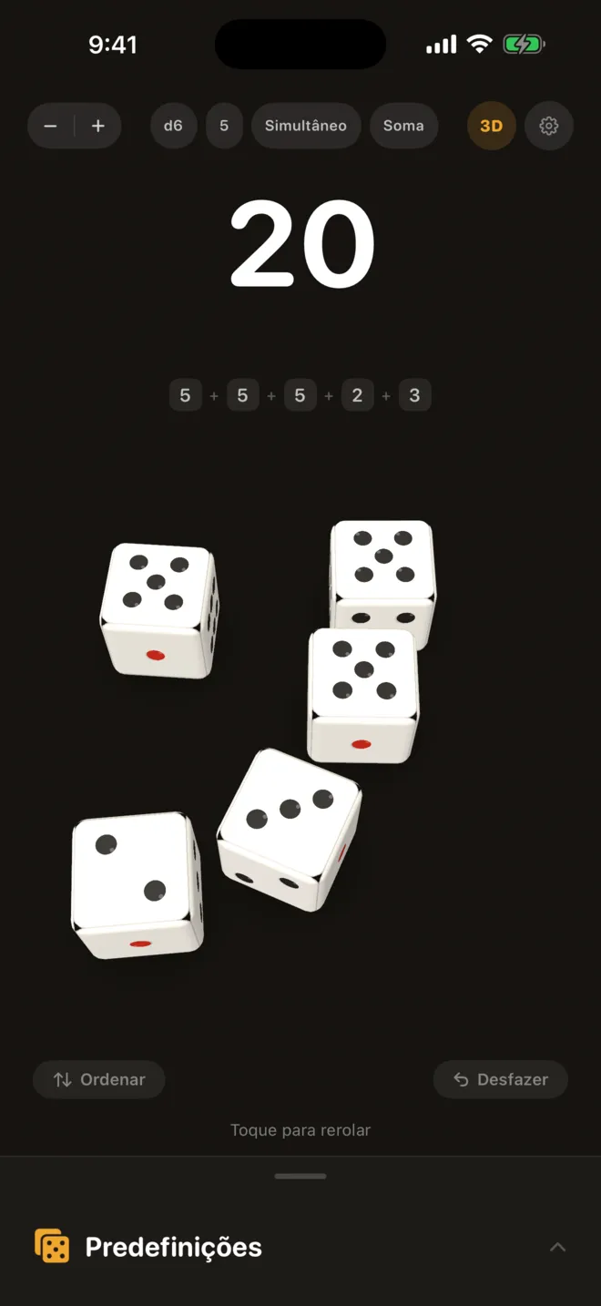 O Dice Master depois de rolar cinco dados de 6 faces em 3D. Acima dos dados estão o total e os valores que o formaram.