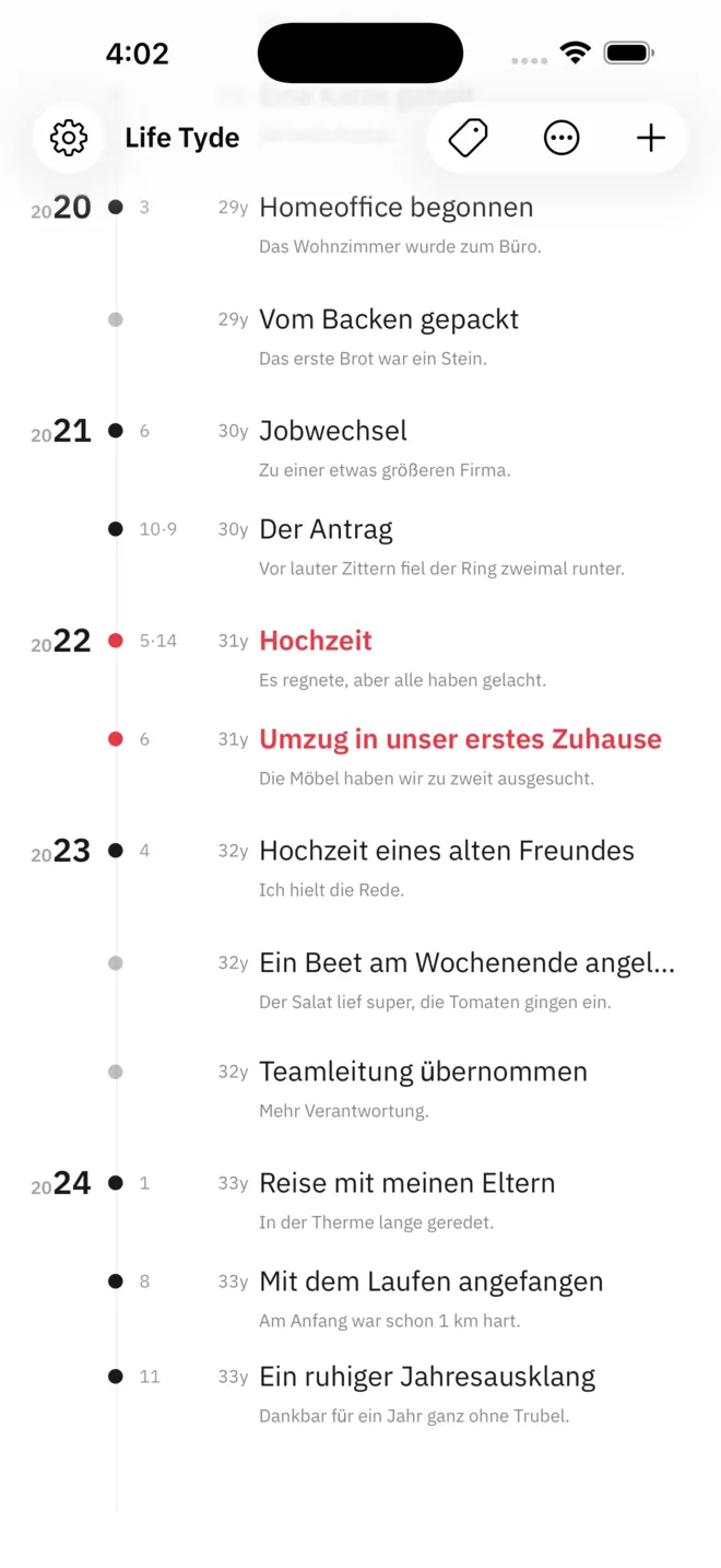 Die Timeline von Life Tyde. Die Einträge laufen nach Jahren den Bildschirm hinunter, hervorgehobene tragen einen roten Punkt und einen roten Titel.