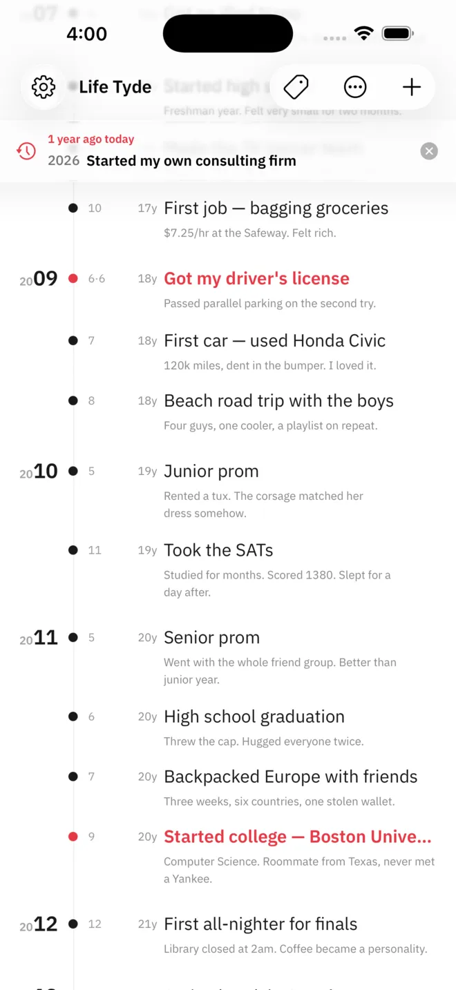 The Life Tyde timeline. Entries run down the screen by year, and highlighted ones show a red dot and a red title.