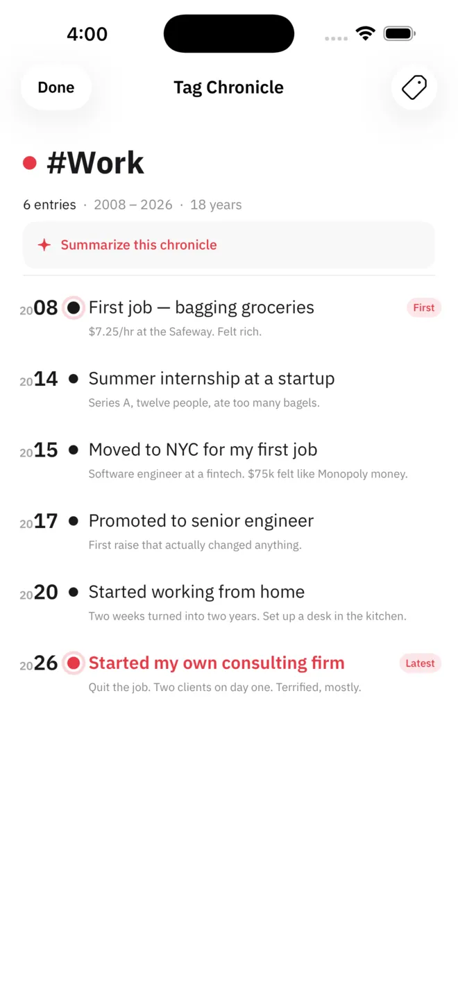 Tag Chronicle for #Work. Only the entries with that tag, from a first job to starting a consulting firm, run down one line.