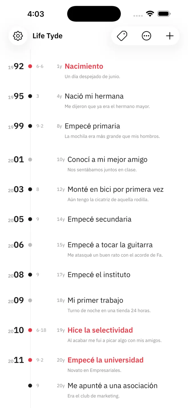 La línea de tiempo de Life Tyde. Las entradas bajan por la pantalla ordenadas por año, y las destacadas llevan un punto rojo y un título rojo.
