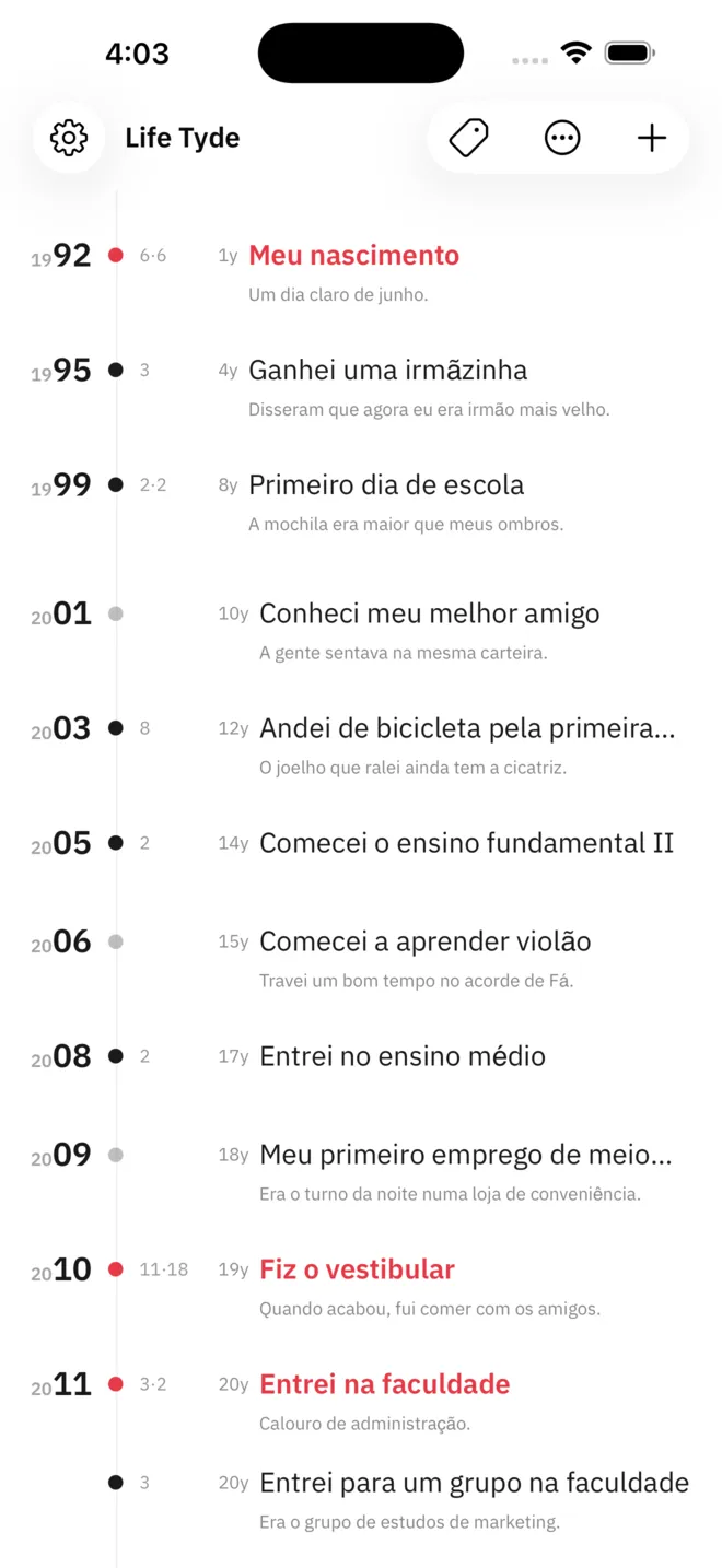A linha do tempo do Life Tyde. Os registros descem pela tela por ano, e os destacados trazem um ponto vermelho e um título vermelho.