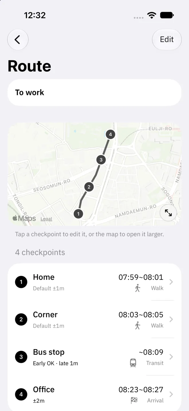 Crear una ruta. La ruta encontrada en el mapa, con puntos de control a lo largo del camino.