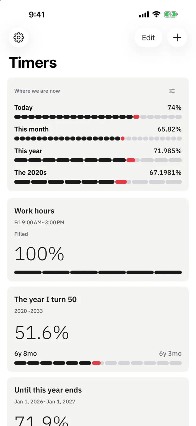 The Percentime home screen. A card at the top stacks today, this month, this year and the 2020s with their percentages and cells, and cards for the timers you made follow below.