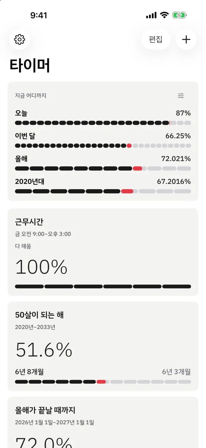 Percentime 첫 화면. 위쪽 카드에 오늘과 이번 달, 올해, 2020년대가 퍼센트와 칸으로 층층이 놓이고 아래에 직접 만드는 타이머 카드가 이어집니다.