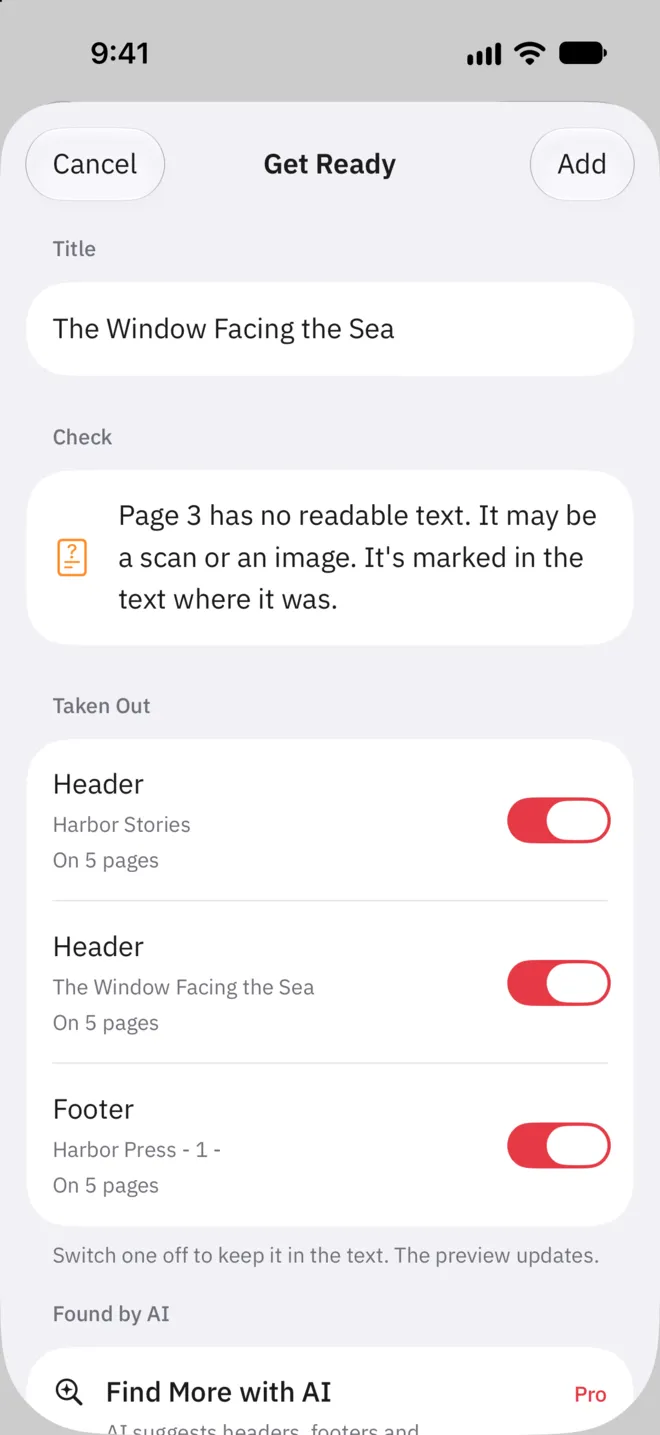 Der Bildschirm Get Ready in Readride. Kopf- und Fußzeile, die aus einem PDF entfernt wurden, erscheinen als eingeschaltete Schalter mit den Seiten, auf denen sie standen, und eine Seite ohne Text ist unter Check vermerkt.
