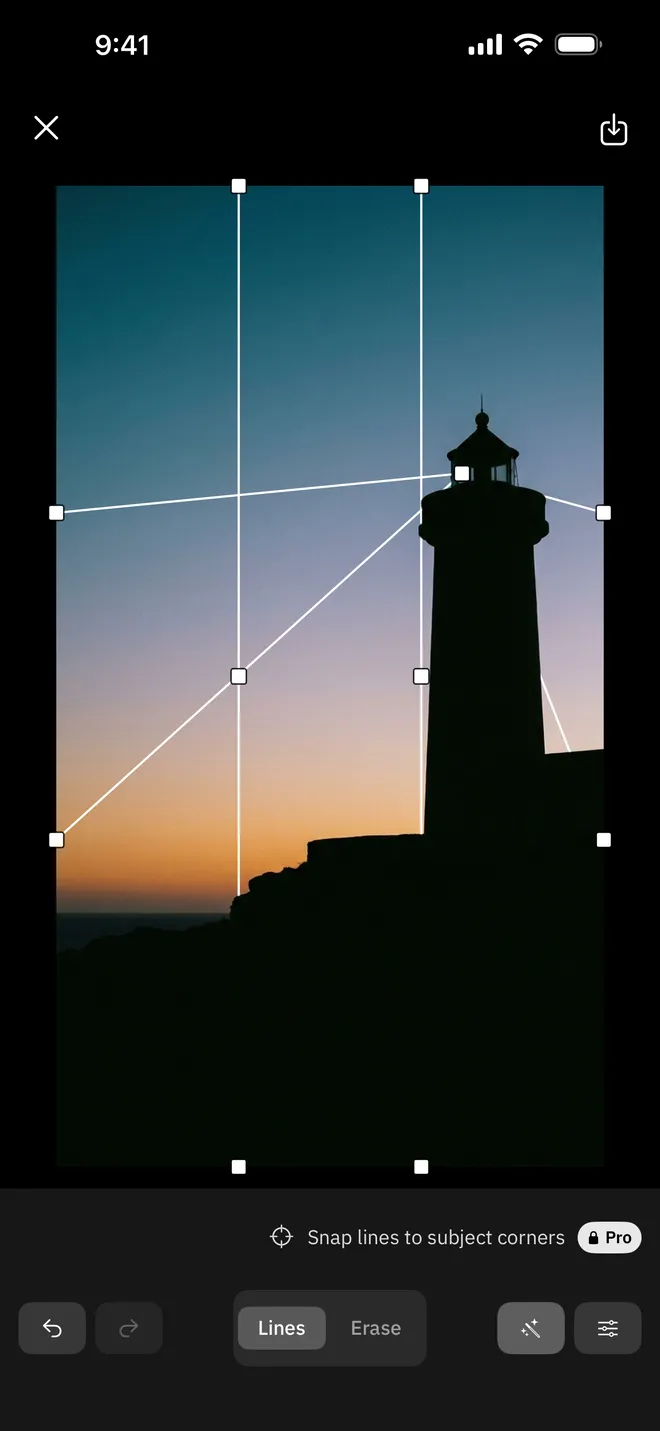 The SnapLine editor with a lighthouse at dusk. Grid lines bend toward the lighthouse, with the Lines and Erase tools below.
