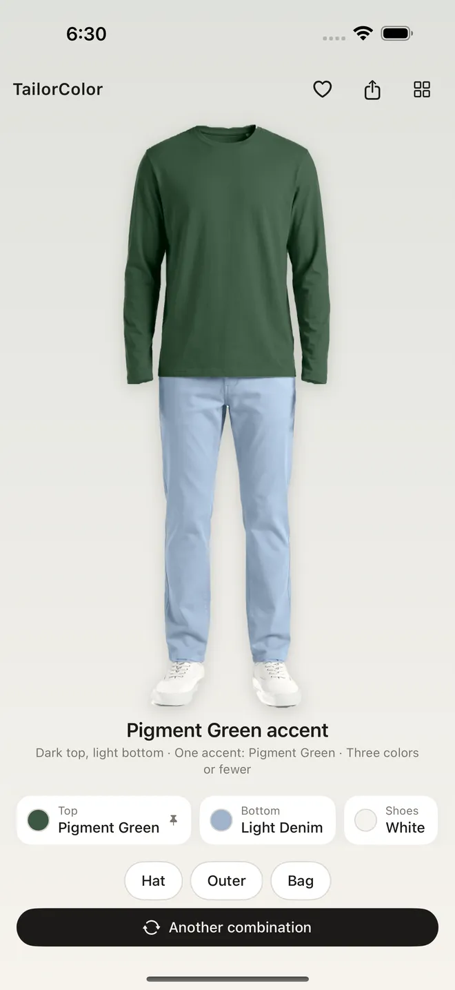 Der Startbildschirm von TailorColor. Die Schaufensterpuppe trägt ein marineblaues Langarmshirt, eine beigefarbene Chino und weiße Sneaker, darunter reihen sich die Chips der einzelnen Teile.