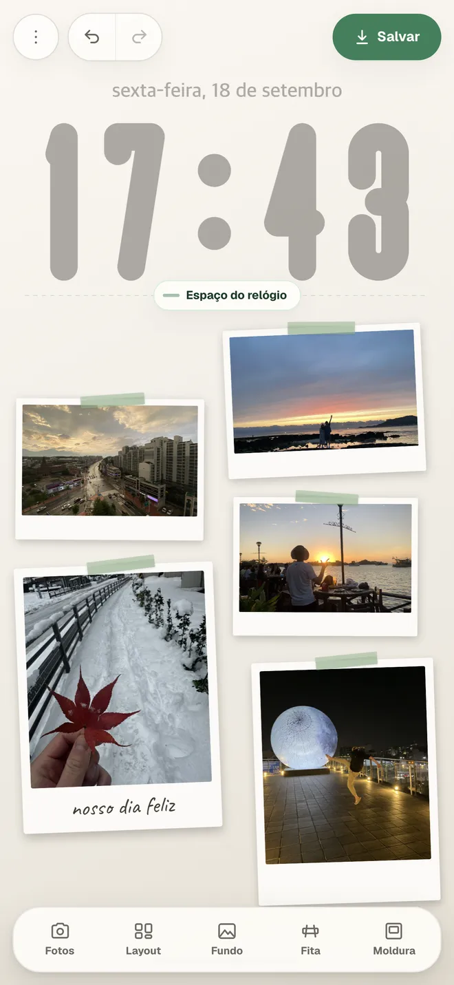 O editor do Tapey. Abaixo do relógio da tela bloqueada, fotos em molduras Polaroid estão presas com washi tape, e uma delas traz uma nota à mão.